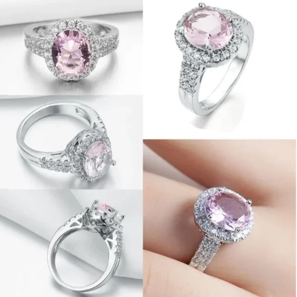 925 Sterling Silver Luxury Pink Crystal Shiny Rhinestone Ring Jewelry En… - Picture 1 of 5